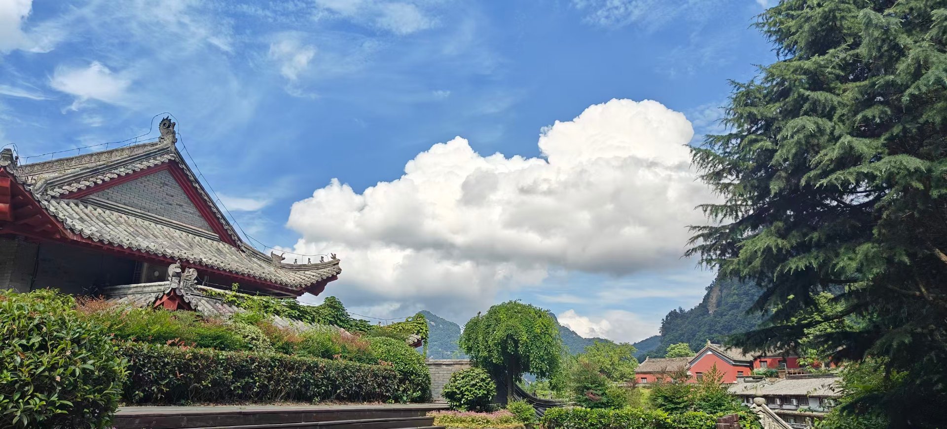 Wudang temple rooftops under a bright blue sky